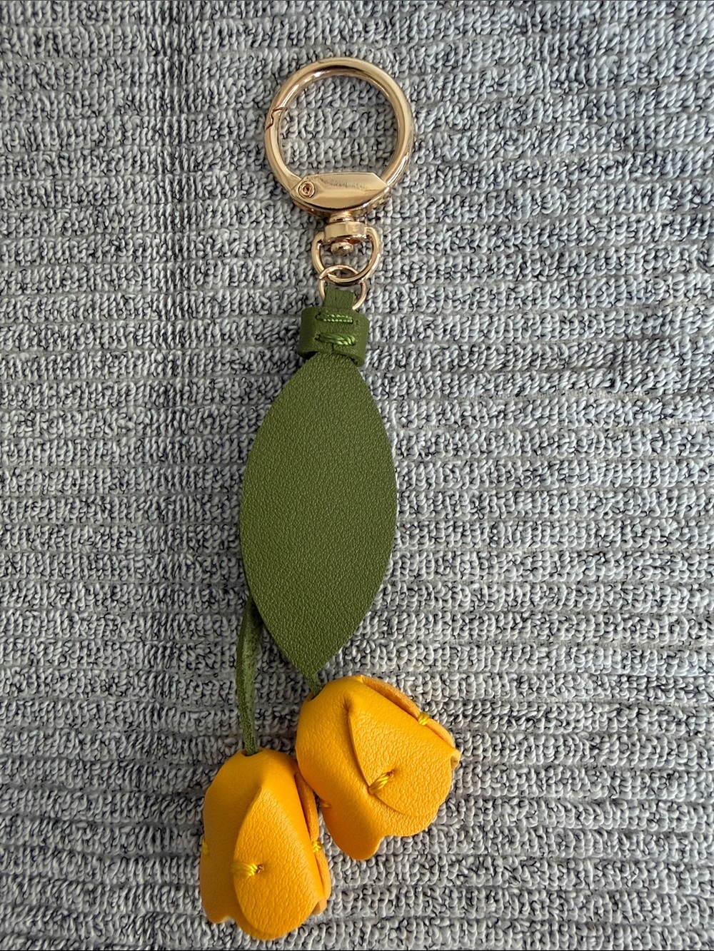 Leather Yellow Tulip bag charm/keychain. Floral purse accessory and key ring